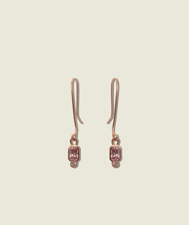Pink Radiant Cut Sapphire and Round Diamond Drop Earrings